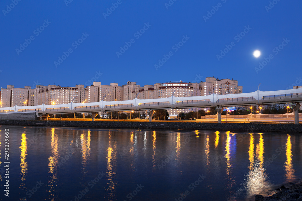 Night view of the viaduct leading to the Western high-speed diameter. Saint Petersburg, Russia