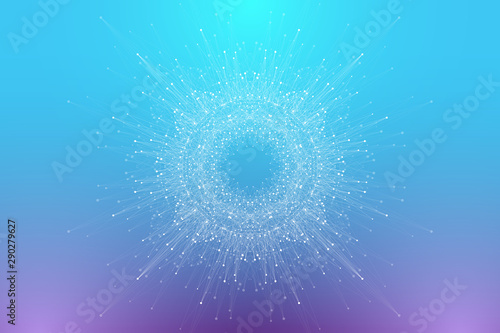 Abstract plexus background with connected lines and dots. Circular molecule or communication banner background. Graphic background for your design. Lines plexus big data visualization vector