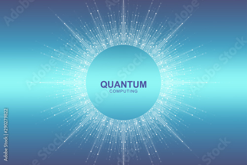 Circular quantum computer technology concept. Sphere explosion background. Deep learning artificial intelligence. Big data algorithms visualization. Waves flow. Quantum explosion, vector illustration