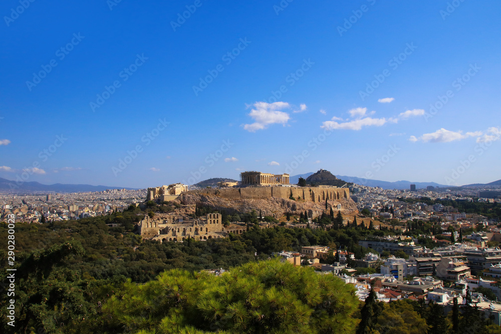View to the Acropolis of Athens, the Theatre of Dionysus, Mount Lycabettus and the city of Athens, Greece