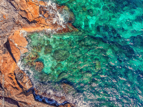 Tropical coral beach, azure water, turquoise sea. Aerial top view