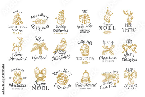 Merry Christmas and Happy New Year Abstract Vector Signs, Labels or Logo Templates Collection. Hand Drawn Holiday Symbol Sketches with Retro Typography.