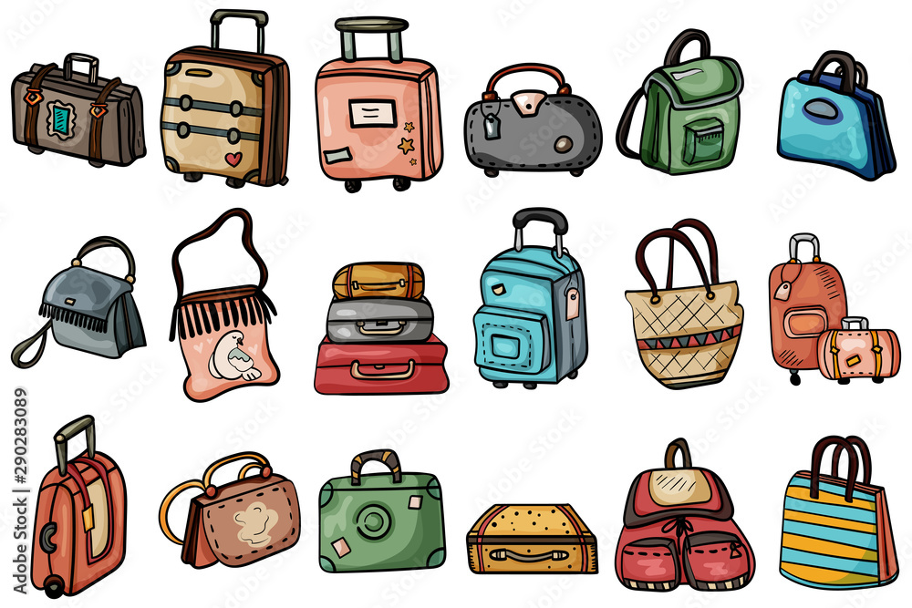 Collection of doodle bags, backpacks, suitcases and beach bags. Vector illustration. Collection of doodle bags, backpacks, suitcases and beach bags. Vector illustration.
