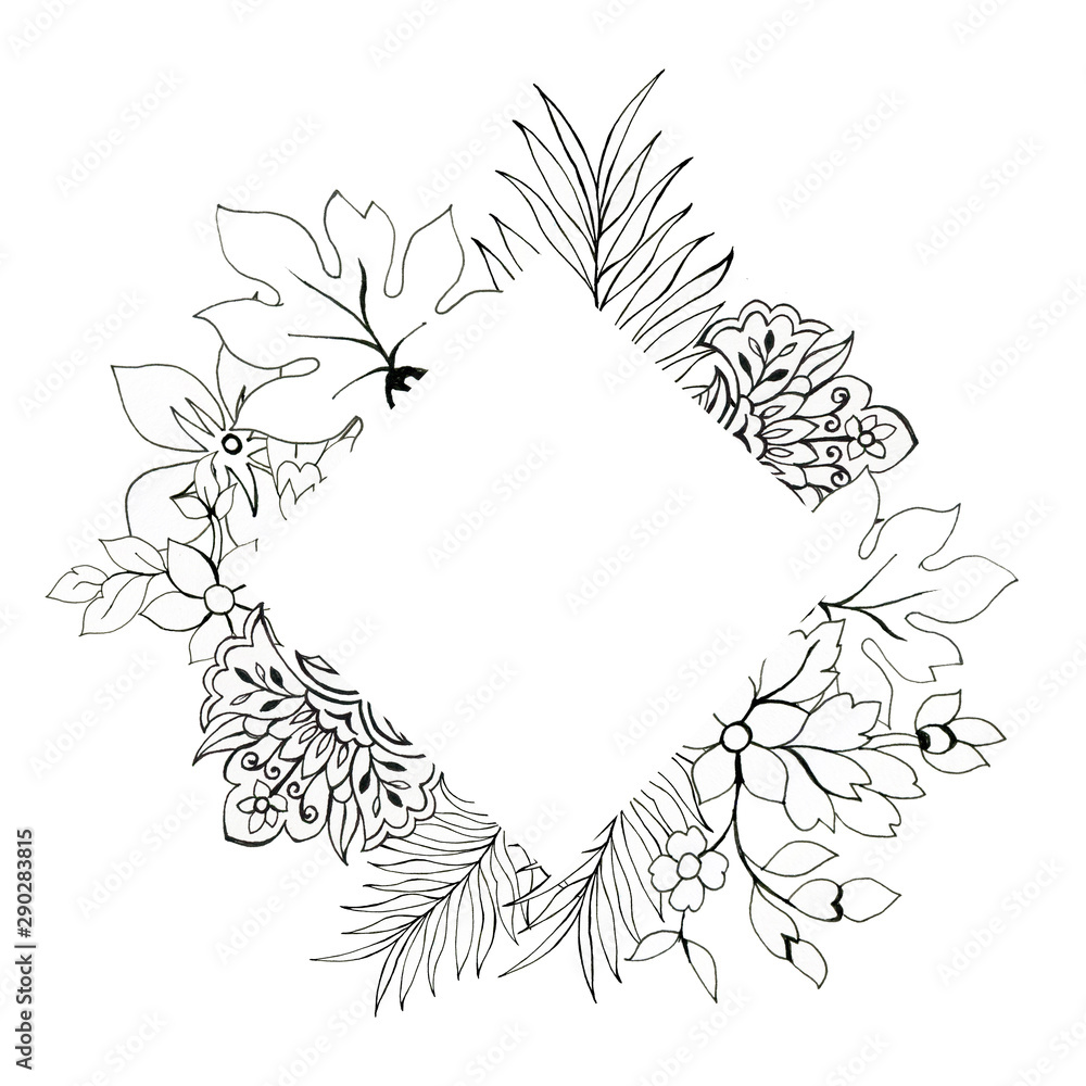 Hand drawn illustration oriental batik sarong flower foliage leaves black and white outline frame label banner Wreath Perfect for invitations greeting cards