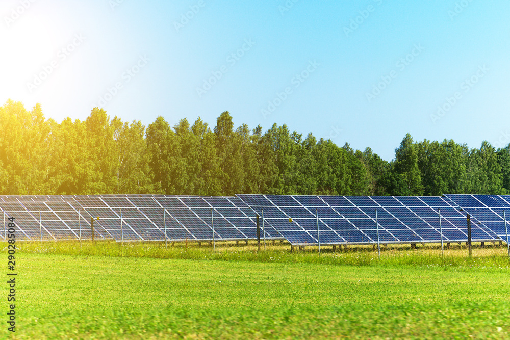 Blue solar panels in the field. Renewable energy. Blue solar panels in the field. Renewable energy.