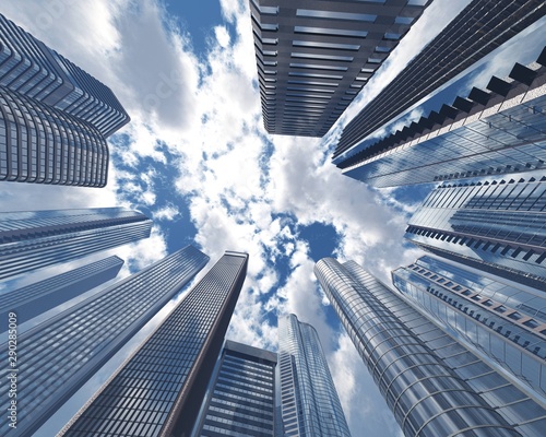 Skyscrapers against the sky with clouds. Skyscrapers view from below. Skyscrapers under a harsh sky. 3d rendering.