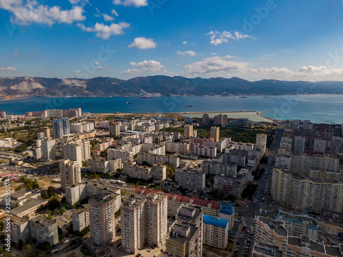 Photography Aerial view of city and bay