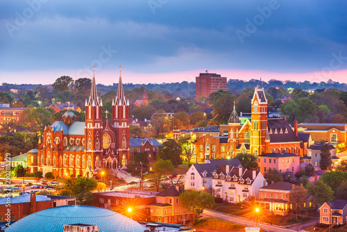 Macon, Georgia, USA historic downtown skyline at dusk.