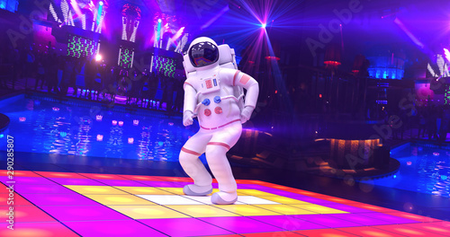 Cool Astronaut Dancing On A Disco Stage - 3D Illustration Render © Yucel Yilmaz