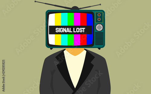 TV on the head of a man with signal lost word