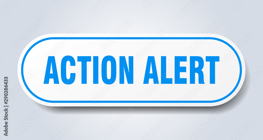 action alert sign. action alert rounded blue sticker. action alert