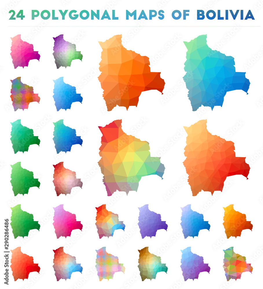Set of vector polygonal maps of Bolivia. Bright gradient map of country in low poly style. Multicolored Bolivia map in geometric style for your infographics. Set of vector polygonal maps of Bolivia. Bright gradient map of country in low poly style. Multicolored Bolivia map in geometric style for your infographics.