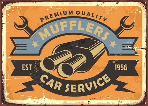 Car service and auto parts retro metal sign concept with muffler graphic. Vintage garage poster perfect for interior wall decoration. Transportation and cars vector image.
