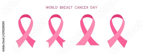 World breast cancer day flat banner vector template. International event, oncologically ill women solidarity poster. Female disease awareness campaign. Pink ribbons illustration with typography
