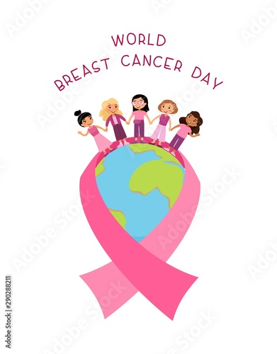 World breast cancer day flat poster vector template. Oncologically ill women support, solidarity campaign banner, brochure, flyer concept. Multinational girls group holding hands vector illustration
