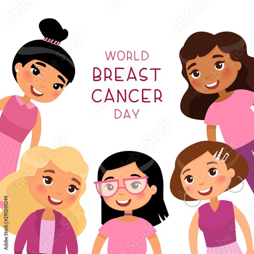 World breast cancer day social media banner template. Smiling young girls cartoon characters. Female oncology awareness campaign poster. Multiethnic women group flat illustration with typography