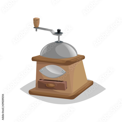 Cartoon retro style coffee grinder icon. Coffee mill comic vector illustration. Coffee shop and restaurant symbol. Isolated on white background.