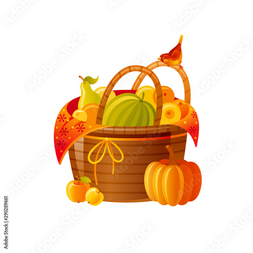 Autumn fall basket with fruits vegetables. Icon for harvest festival, thanksgiving day. 3d Cartoon autumn vector illustration for logo design, poster element, card, isolated on white background