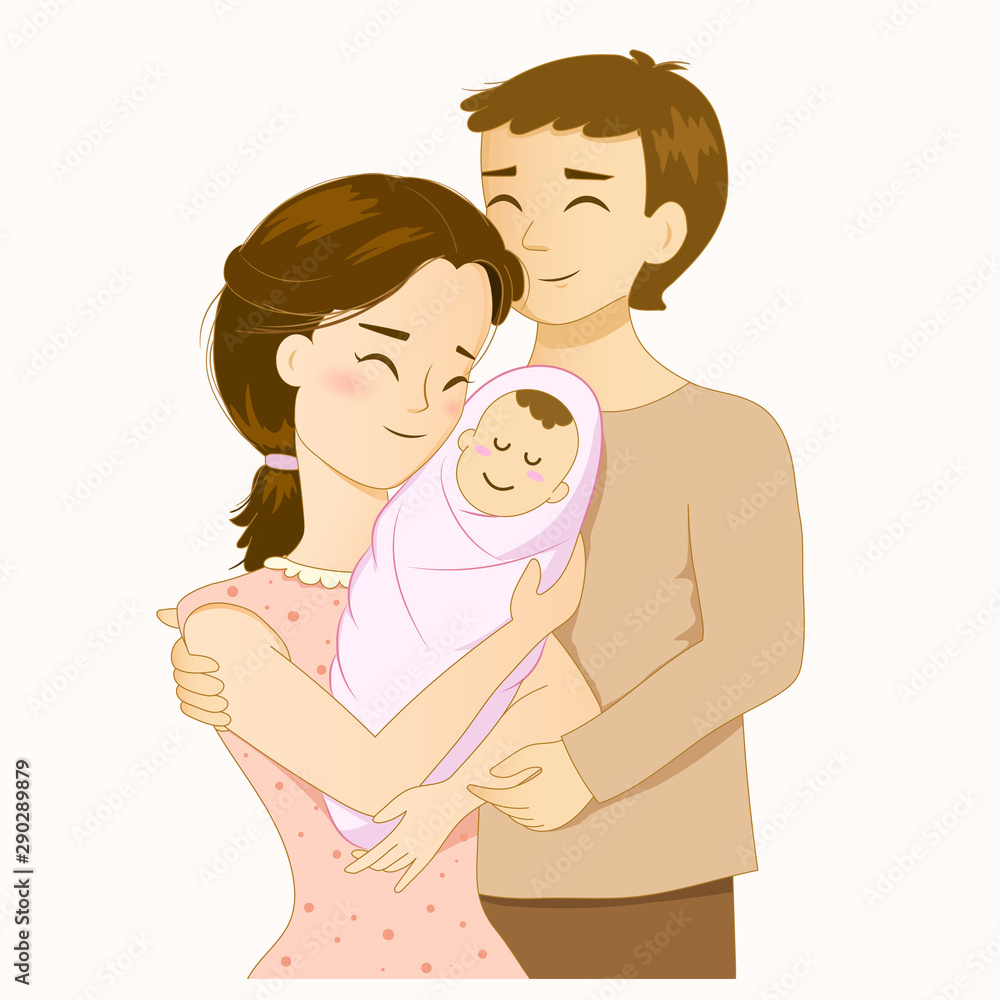 Cartoon happy family mother, father and daughter Cartoon happy family mother, father and daughter