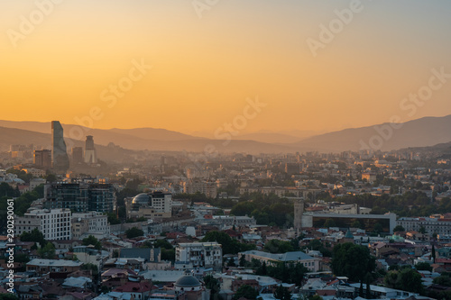 Areal view of Tbilisi City in the evening. Beautiful Place to travel.