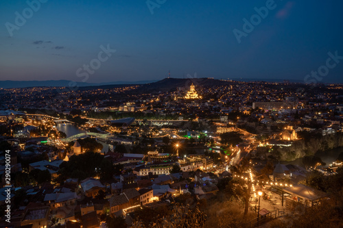 Night view of Tbilisi with Sameba (Trinity) Church and other landmarks. Beautiful Place to travel. © k_samurkas