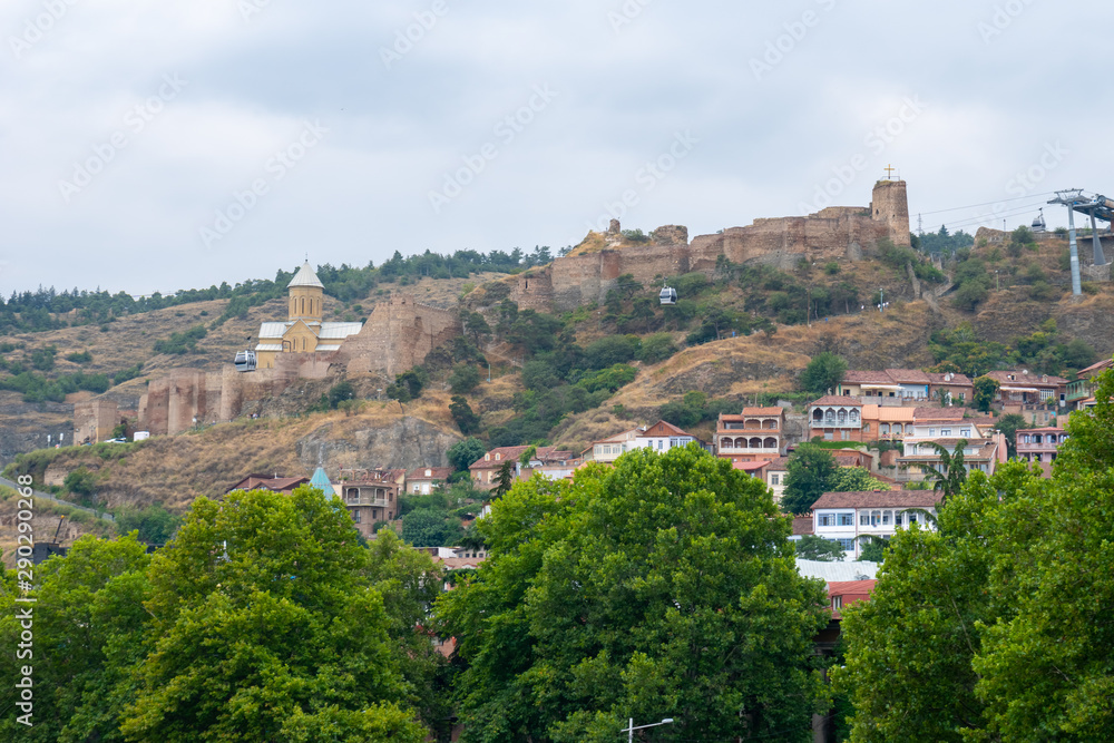 Ancient ruins of Narikala fortress on a high mountain in Tbilisi.