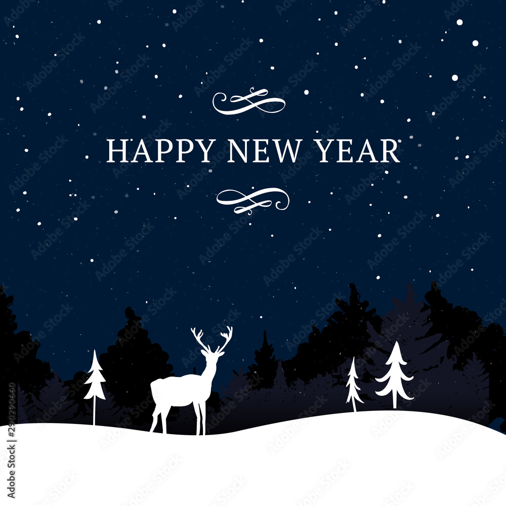 Happy new year, winter holidays greeting card. Night scene, snow landscape with trees and deer. Happy new year, winter holidays greeting card. Night scene, snow landscape with trees and deer.