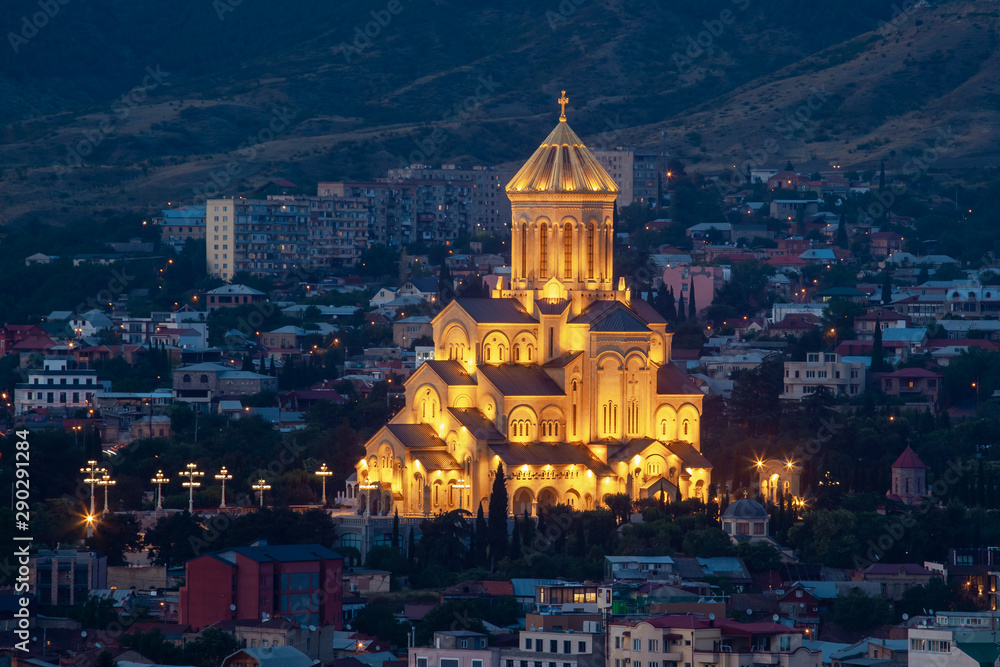 Holy Trinity Cathedral of Tbilisi (Sameba) in the evening - the main cathedral of the Georgian Orthodox Church. Georgia.