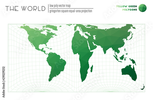Low poly world map. Gringorten square equal-area projection of the world. Yellow Green colored polygons. Neat vector illustration.