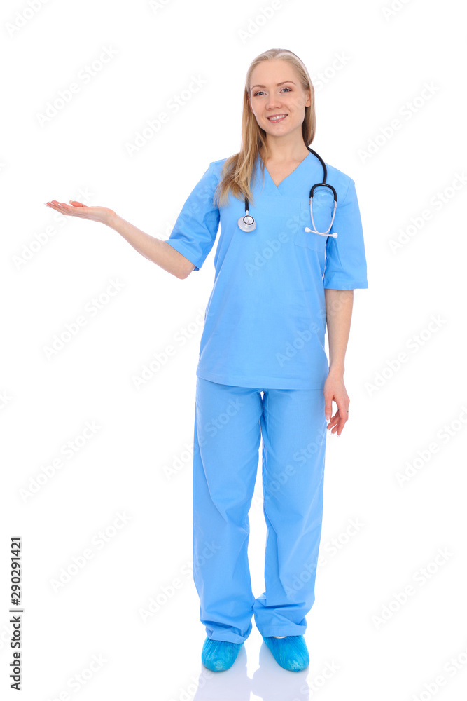 Doctor woman or nurse isolated over white background. Cheerful smiling medical staff representative. Medicine concept Doctor woman or nurse isolated over white background. Cheerful smiling medical staff representative. Medicine concept
