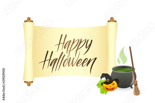 Card design with modern brush calligraphy Happy Halloween and pumpkin. Vector illustration.