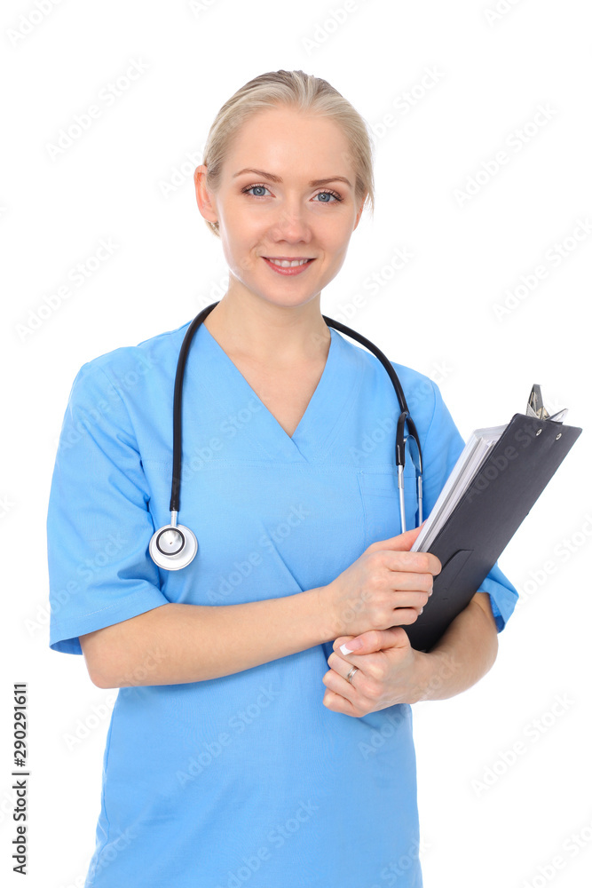 Doctor woman or nurse isolated over white background. Cheerful smiling medical staff representative. Medicine concept Doctor woman or nurse isolated over white background. Cheerful smiling medical staff representative. Medicine concept