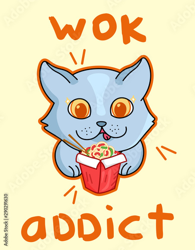 kawaii cartoon cat love to eat wok, food delivery, tasty food, adorable smile cheerful pet, editable vector illustration