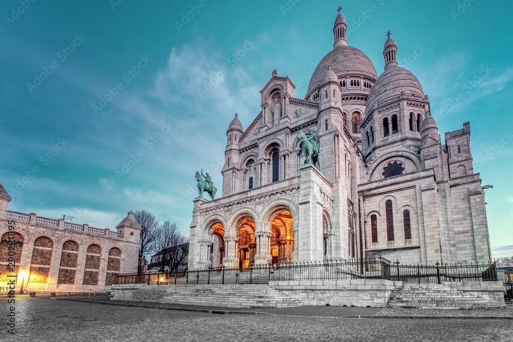 View of the Sacre Coeur Cathedral in Paris, France. Photo taken in the morning.
