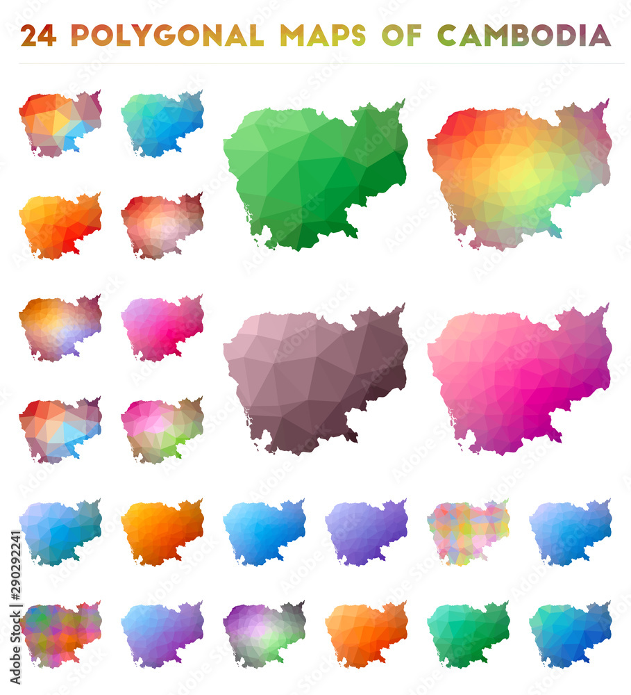 Set of vector polygonal maps of Cambodia. Bright gradient map of country in low poly style. Multicolored Cambodia map in geometric style for your infographics. Set of vector polygonal maps of Cambodia. Bright gradient map of country in low poly style. Multicolored Cambodia map in geometric style for your infographics.