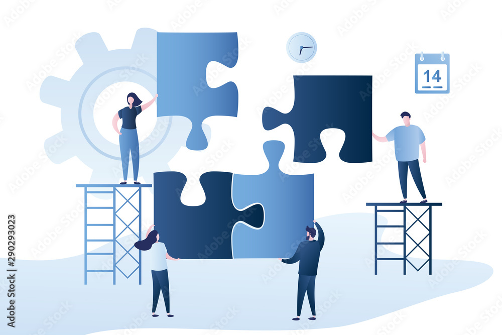 Various business people with parts of puzzle. Teamwork and business ...
