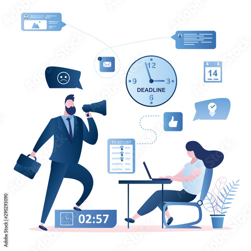 Big watch, woman employee on workplace and businessman boss with megaphone