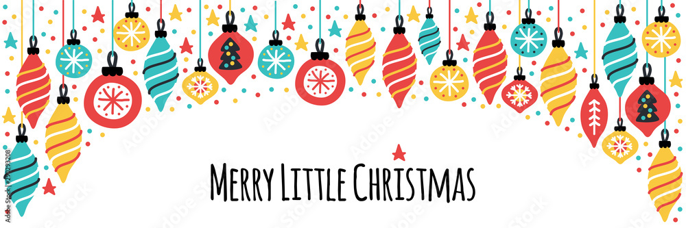 Naklejka premium Cute Merry Little Christmas horizontal banner background with hand drawn Christmas balls