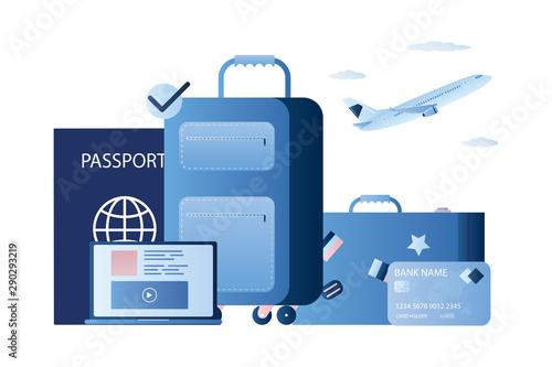 Travel accessories. Blue luggage, laptop, passport and take off airplane