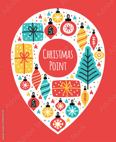 Cute Merry Little Christmas frame background with hand drawn Christmas tree, balls and present boxes