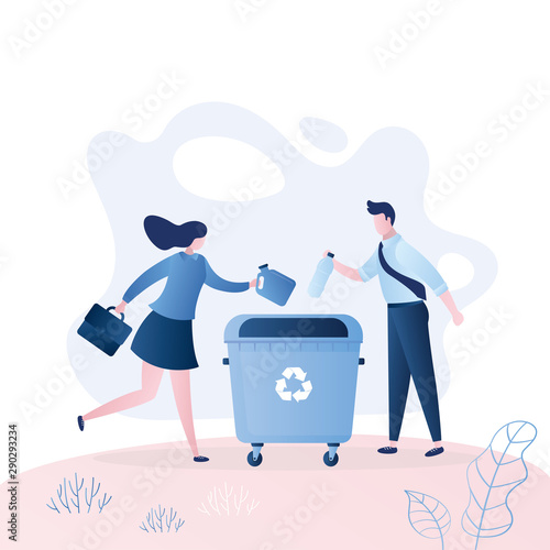People throw garbage in a large trash can. Recycling and ecological concept.