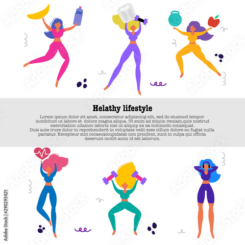 Healthy eating banner, girls in sport costumes with scales, fruit and vegetables. Concept of healthy eating, loosing weight and keep fit,  sport motivation.