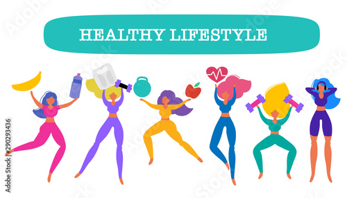 Healthy eating banner, girls in sport costumes with scales, fruit and vegetables. Concept of healthy eating, loosing weight and keep fit,  sport motivation.