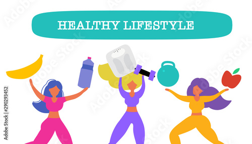 Healthy eating banner, girls in sport costumes with scales, fruit and vegetables. Concept of healthy eating, loosing weight and keep fit,  sport motivation.