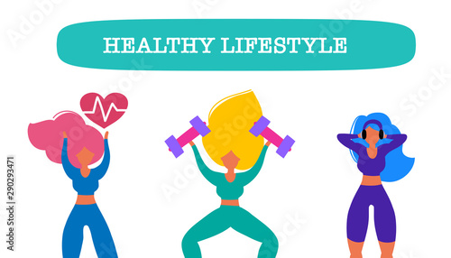 Healthy eating banner, girls in sport costumes with scales, fruit and vegetables. Concept of healthy eating, loosing weight and keep fit,  sport motivation.