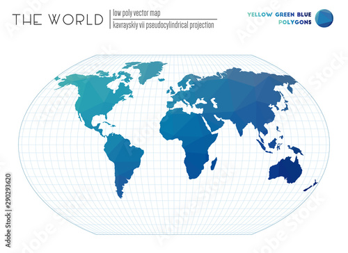 Low poly world map. Kavrayskiy VII pseudocylindrical projection of the world. Yellow Green Blue colored polygons. Amazing vector illustration.