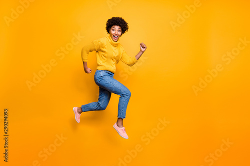 Картината върху платно Full length body size photo of running pretty funny girlfriend cute black skinne