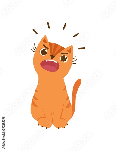 Ginger cat meowing loudly flat vector illustration. Pet behavior disorder concept. Kitty sitting and making noise. Angry kitten isolated on white background. Veterinary, felinology design element