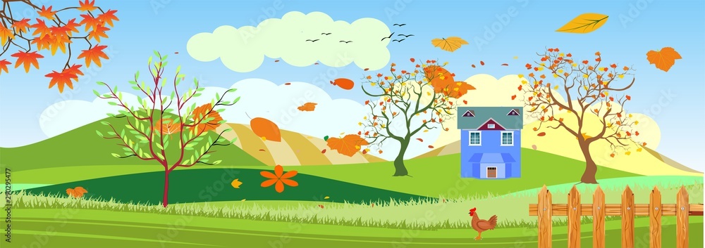 Panoramic of Countryside landscape in autumn,  illustration of horizontal banner in autumn green and yellow hills farm house with leaves falling from trees, fence.