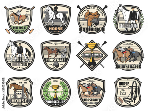 Horse races, equine jockey polo sport icons